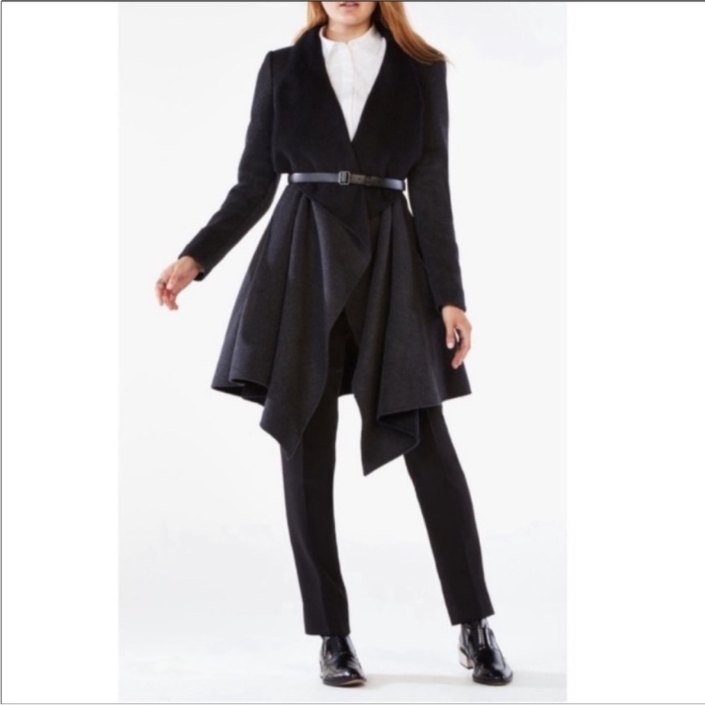 BcbgMaxazria Mandi Black Gray Belted Peacoat With Pockets Size Extra Small